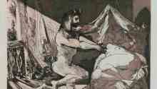Faun uncovering a sleeping nude figure reclining on a bed; plate 27 of the Vollard Suite (VS 27). 12 June 1936, Etching and aquatint. Pablo Picasso (1881 - 1973). Copyright of Succession Picasso/DACS 2011