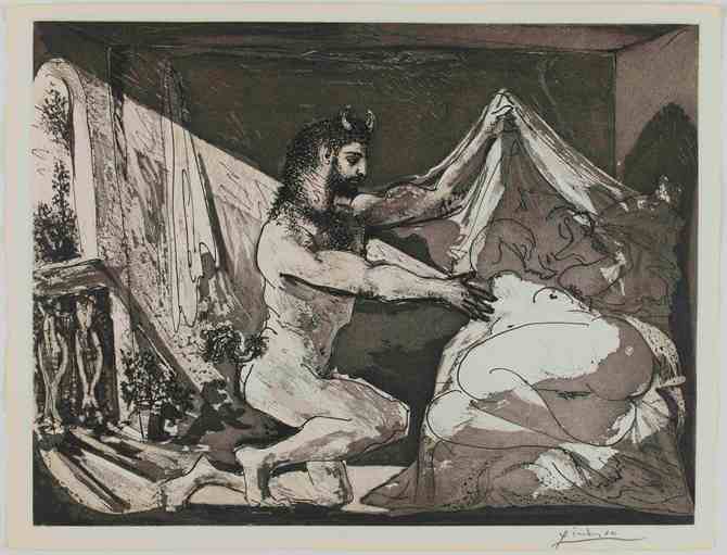Faun uncovering a sleeping nude figure reclining on a bed; plate 27 of the Vollard Suite (VS 27). 12 June 1936, Etching and aquatint. Pablo Picasso (1881 - 1973). Copyright of Succession Picasso/DACS 2011